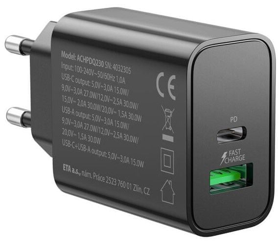 GoGEN síťová nabíječka s USB/USB-C, PD 30W a Fast Charge, ACHPD 230 B, černá (GOGACHPDQ230B)